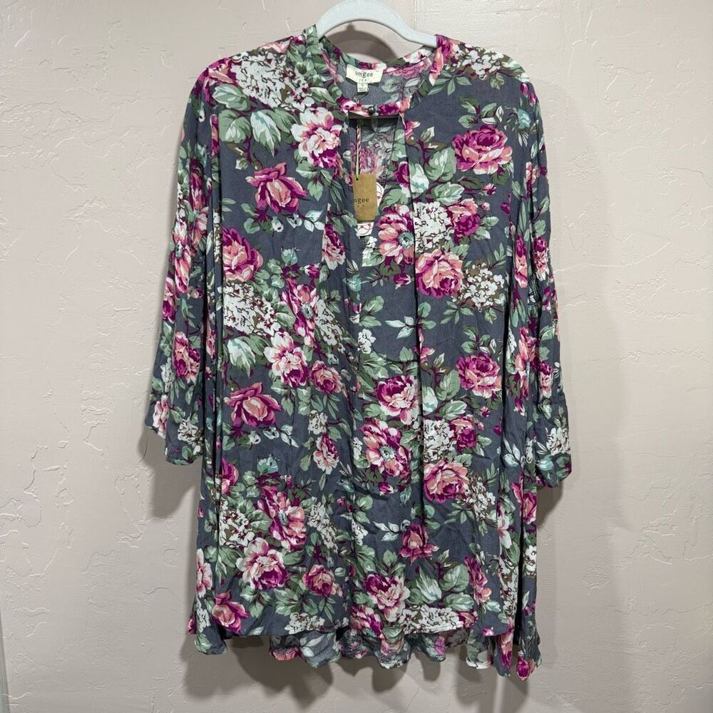 Umgee Grey Pink White Multicolor Floral Tunic Flowy Neck Tie Keyhole Top Small